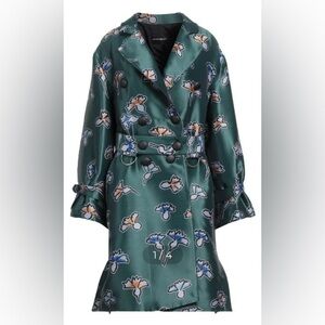 Armani Teal Green Silk Printed Double-Breasted Trench Coat Size 6 USA